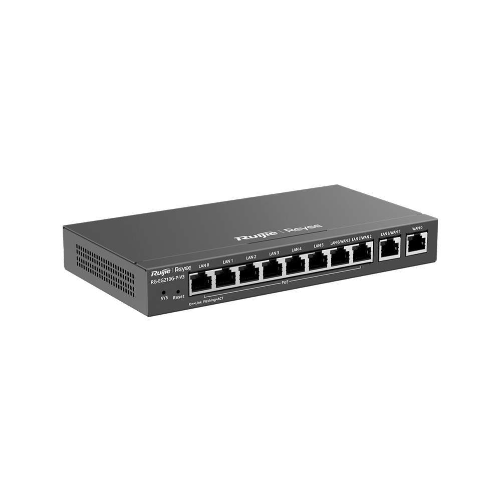 Router Empresa 10 Puertos/8 Poe+ 1Gbps Max 4 Puertos Wan 200 Usuarios Ram/Sdram 256Mb Administrable Ruijie