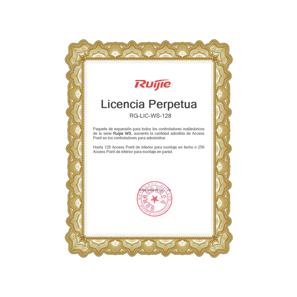 [RG-LIC-WS-128] Paquete De Licencia De Actualizacion De 128 Ap Administrados O 256 Ap De Pared Para Todos Los Controladores Inalambricos De La Serie Ruijie Enterprise