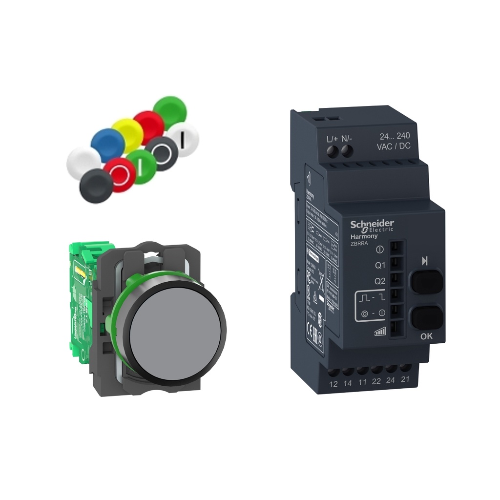 Paquete Transmisor + Receptor Incluye Pulsador Inalambrico 22Mm Diametro Y Rele Programable 2 Salidas Nanc Alimentacion 24-240Vac/Vdc Harmony Xb5R Schneider