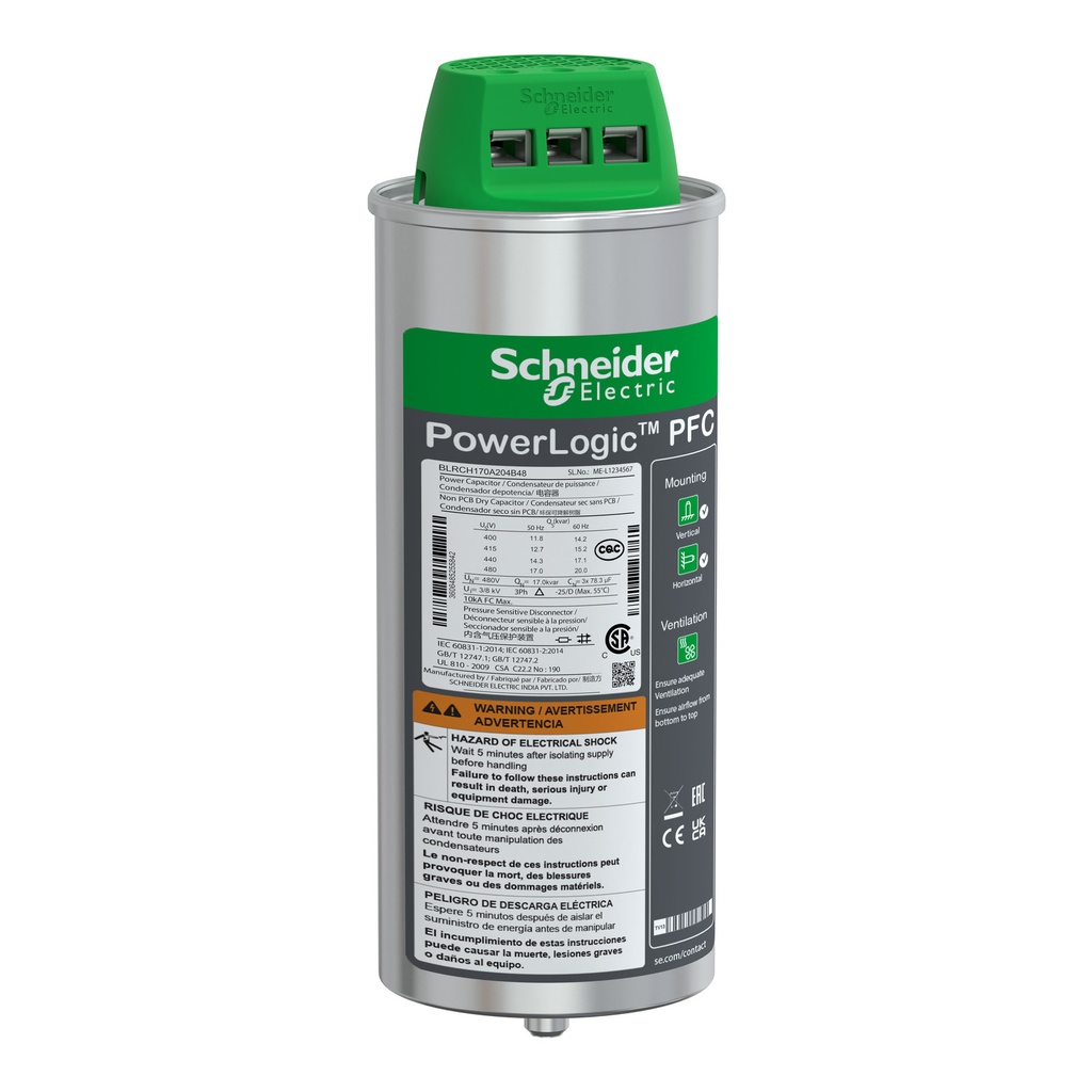 [BLRCH170A204B48] Condensador Trifasico 12.8Kvar A 380V / 17.1Kvar A 440V / 20.4Kvar A 480V 24.5A Varplus Can Schneider