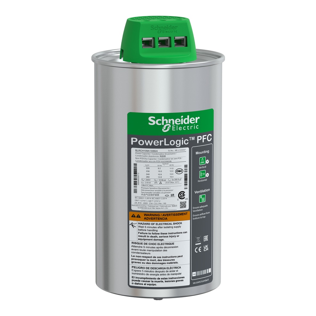 [BLRCH109A130B24] Condensador Trifasico 9.8Kvar A 208V / 10.9Kvar A 220V / 13Kvar A 240V 31.3A Varplus Can Schneider