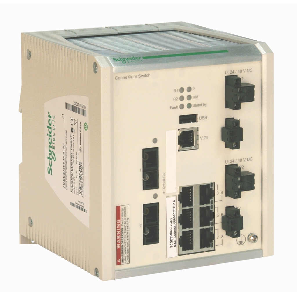 Conmutador Switch Administrable Alimentacion 24-48Vdc 6 Puertos 10/100Base-Tx Cobre 2 Puertos 100Base-Fx Fibra Protocolos Comunicacion Tcp/Ip/Http/Https/Snmp/Rs232/Sntp/Ssh/Lldp/Telnet/Mrp Montaje En Riel Din Schneider
