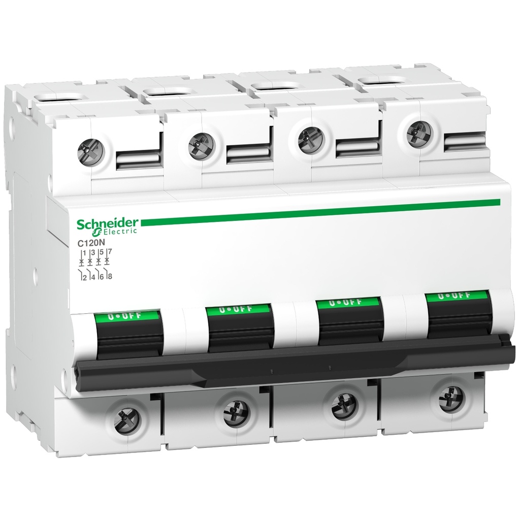 [A9N18374] Taco Riel Termomagnetico 4X100A Ac Dc 20Ka A 220Vac 6Ka A 440Vac 10Ka A 500Vdc Curva C Acti 9 C120 Schneider