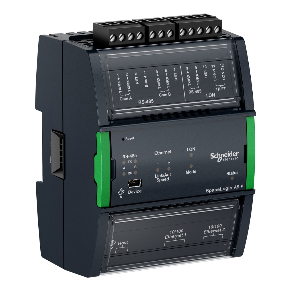 Servidor Spacelogic As-P-Nls Alimentacion 24V Ac/Dc 10W Ip20 Memoria 4Gb Parpadeo 512Mb Ram Puerto Ethernet 10/100Base-Tx Comunicacion Bacnet / Http / Https / Modbus Tcp / Tcp Ecostruxure Building Operation Schneider
