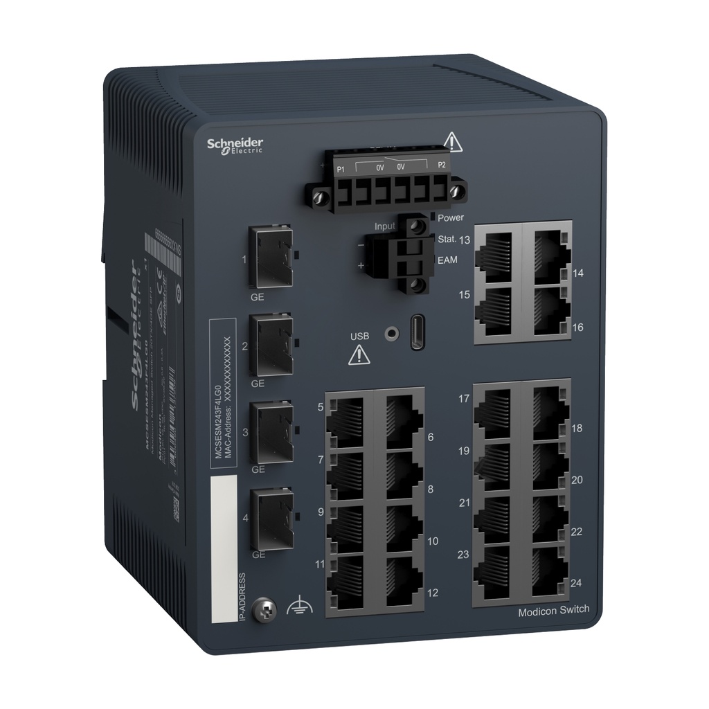 Conmutador Switch Administrable Alimentacion 12-24Vdc 20 Puertos 10/100Base-Tx Cable Cobre 4 Puertos 100/1000 Sfp Fibra Protocolos Comunicacion Ethernet Tcp-Ip/Http/Https/Snmp/Rs232/Sntp/Ssh/Lldp/Telnet/Sfpt/Ssh Montaje En Riel Din Schneider