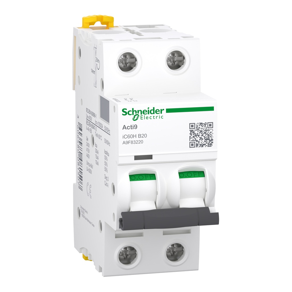 [A9F83220] Taco Riel 2X20A 10Ka 440Vac 30Ka 240Vac Acti 9 Ic60H Curva De Disparo Clase B Schneider