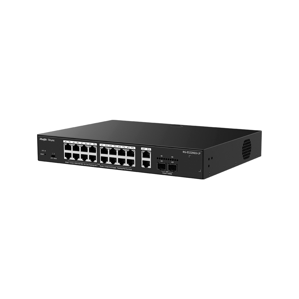 [RG-ES220GS-LP] Switch 16 Puertos Rj45 Poe+ 130W + 2 Puertos Rj45 + 2 Puertos Sfp 1Gpbs Administrable Nube Ruijie