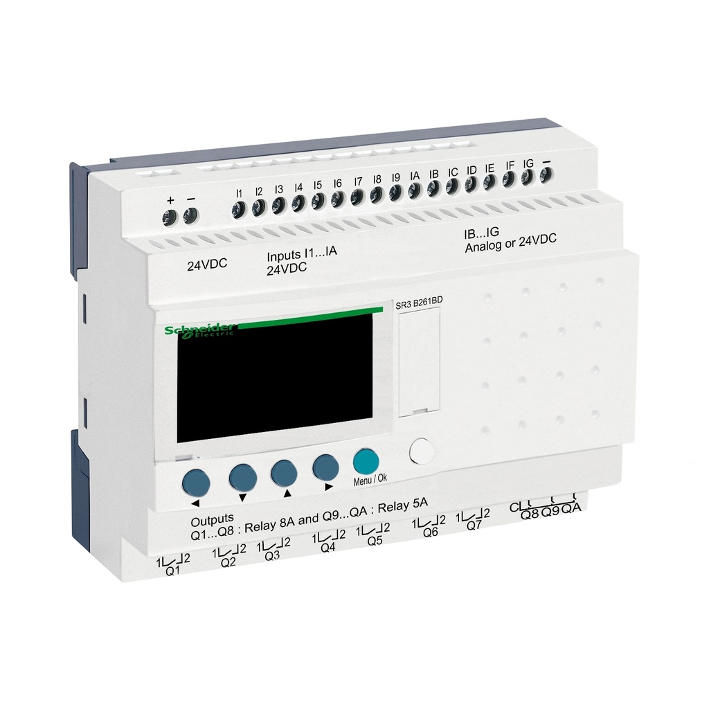 [SR3B261BD] Rele Programable Inteligente Alimentacion 24Vdc 16 Entradas Digitales 10 Salidas Digitales 6 Entradas Analogicas Reloj Comunicacion Serial Y Ethernet Zelio Logic Sr3 Schneider