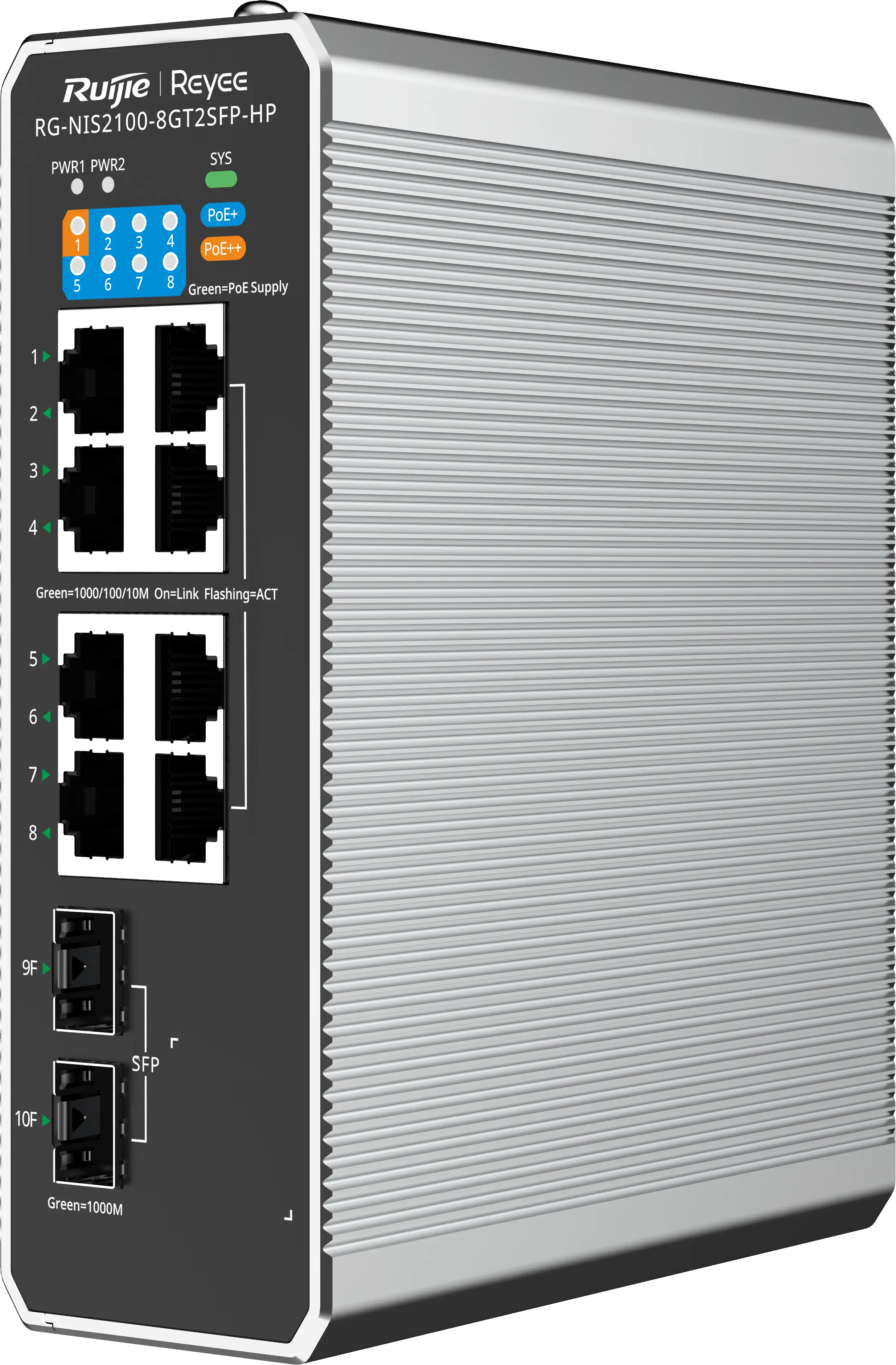 [RG-NIS2100-8GT2SFP-HP] Switch Industrial Administrable 8 Puertos Rj45 1Gb Poe + 2 Puertos Sfp 1Gb Montaje En Riel Sin Fuente Ruijie