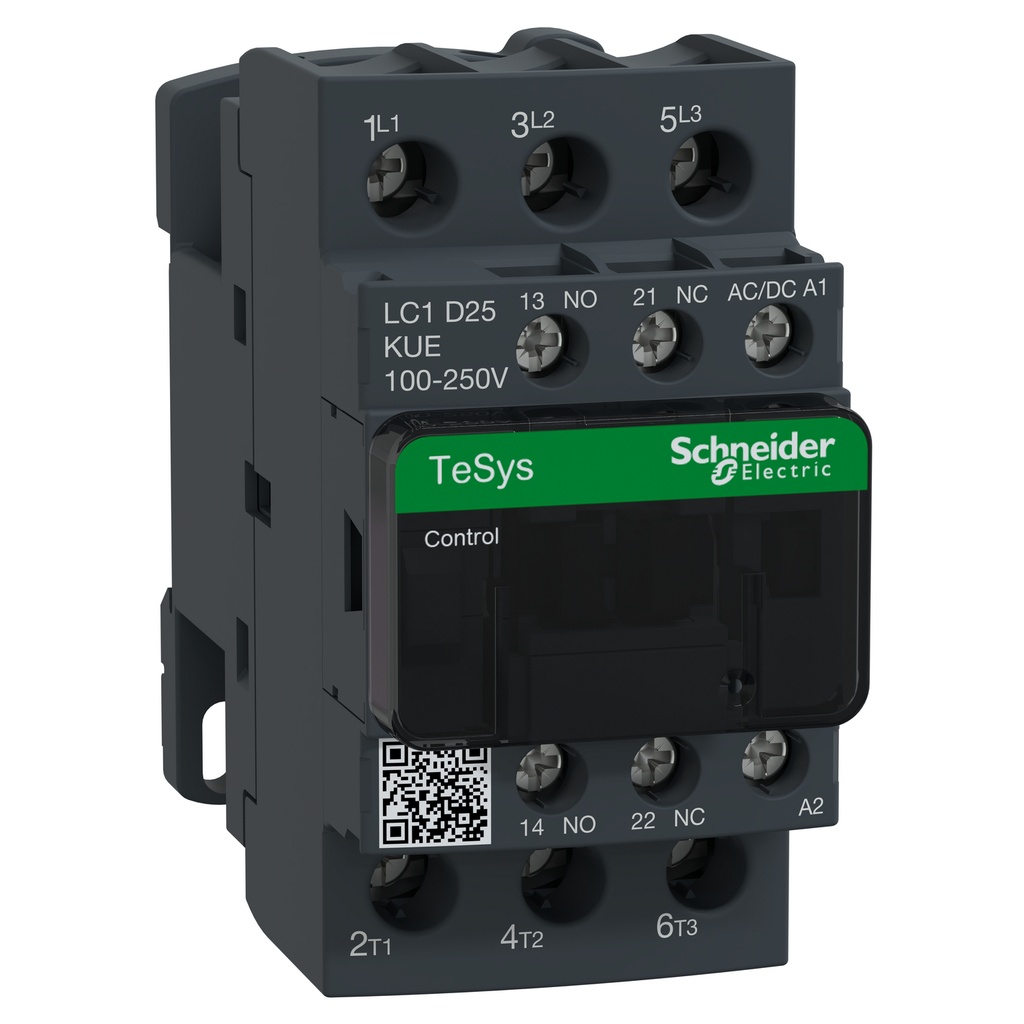 Contactor Tripolar 25A Ac3 40A Ac1 1Na + 1Nc Bobina 100-250V Ac/Dc Tesys D Schneider