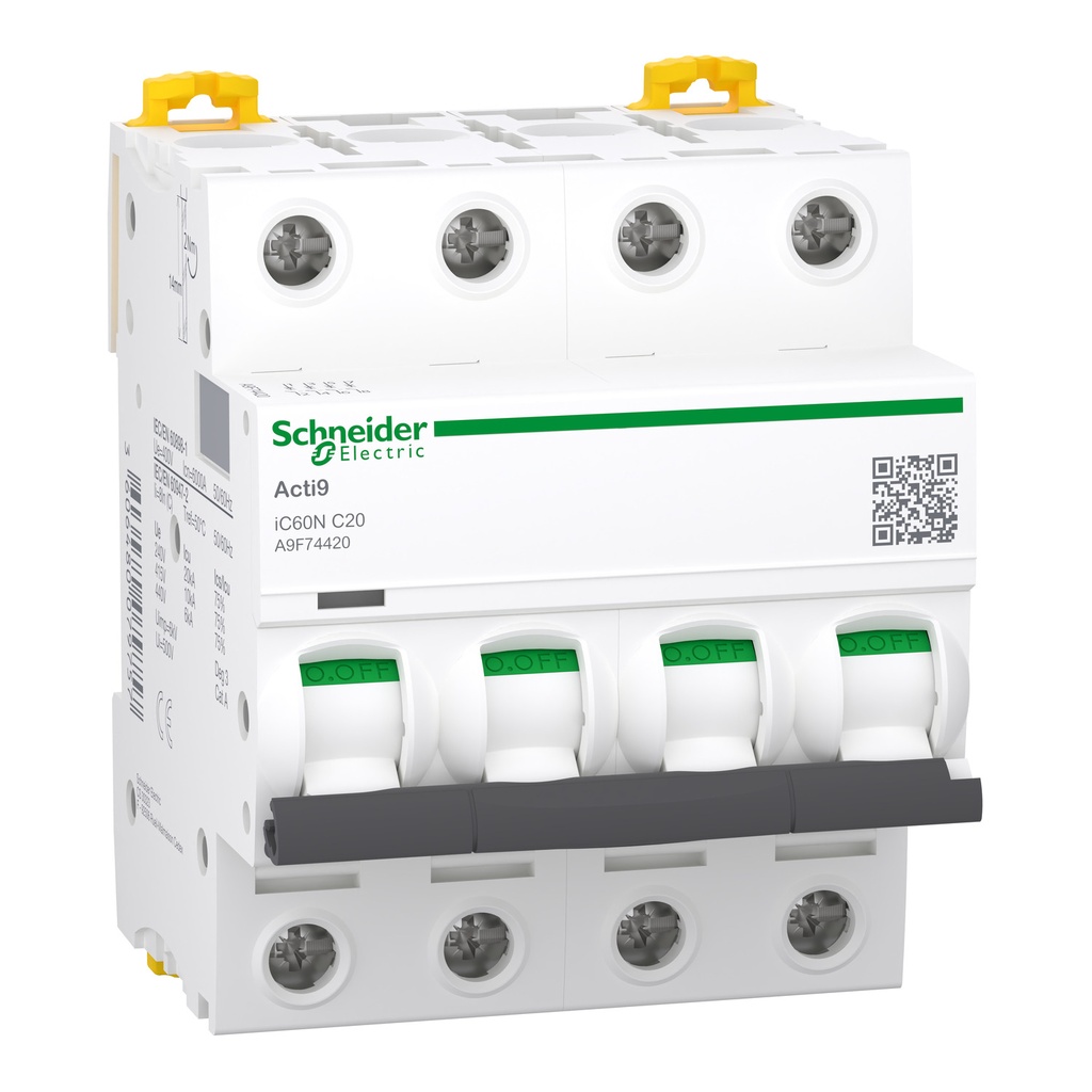 [A9F74420] Interruptor Termomagnetico Taco Riel 4X20A 440V Ac 250V Dc 20Ka A 220V Y 6Ka A 440V Curva Disparo Clase C Acti9 Ic60 Schneider