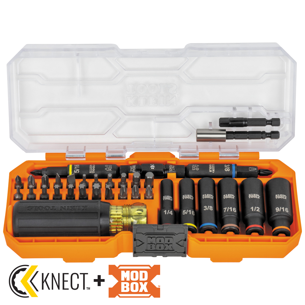 Juego De Desarmadores Y Dados Resistentes Al Impacto Knect Con Estuche 41 Piezas Incluye 26 Puntas - 6 Dados Largos - 2 Desarmadores - Portapuntas De ¼ Pulgadas - Adaptador Cuadrado De ¼ Pulgadas Y Mango Klein Tool