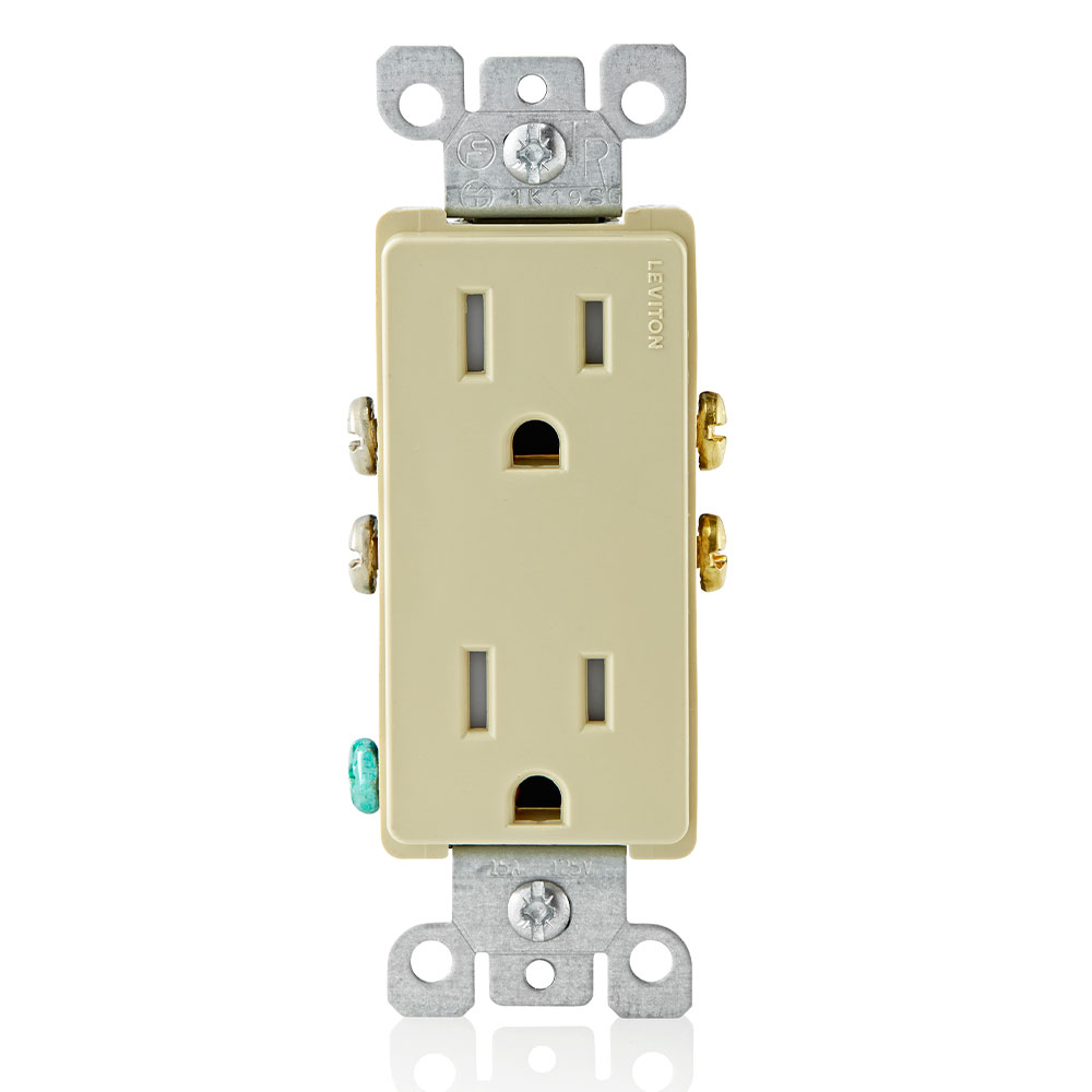 [T5325-I] Toma 15A 125V 1F+N+T Doble Polo Tierra Decora Marfil Leviton Tapa 80301-Si