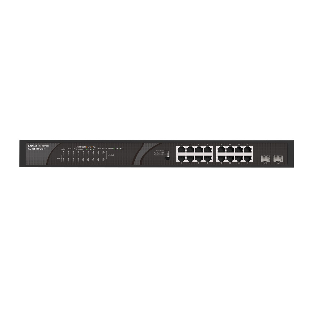 [RG-ES118GS-P-L] Switch Poe Cctv 16 Puertos Rj45 1Gb No Administrable + 2 Puertos Combo Rj45 Sfp 1Gb 247W 36Gbps Ruijie