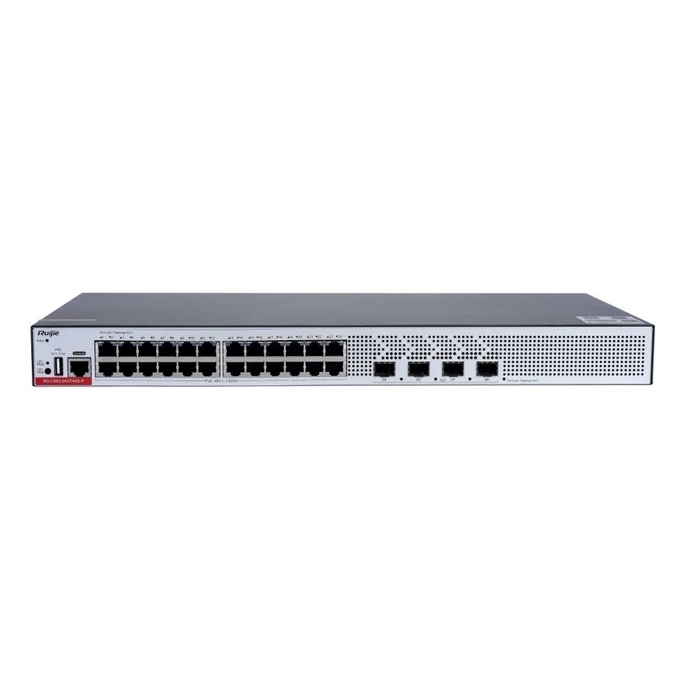 [RG-S2915-24GT4MS-P-L] Switch 24 Puertos Poe+ 370W 1Gpbs + 4 Puertos Sfp 2.5Gbps Capa 2 Tasa 51Mbps 1Ru Administrable Nube Ruijie