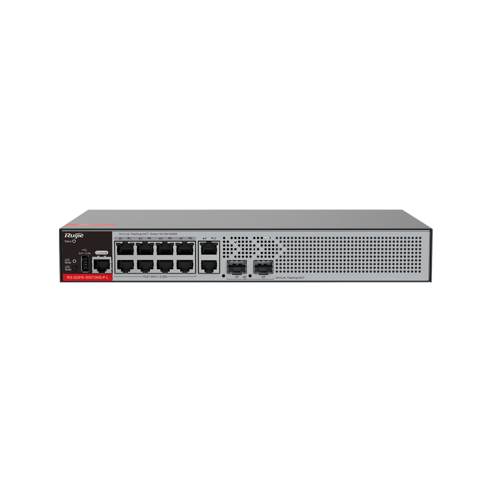 [RG-S2915-10GT2MS-P-L] Switch 8 Puertos Poe+ 125W 1Gbps + 2 Puertos 1Gpbs + 2 Sfp 1Gbps Tasa 22.5Pps Capa 2+ Administrable Ruijie