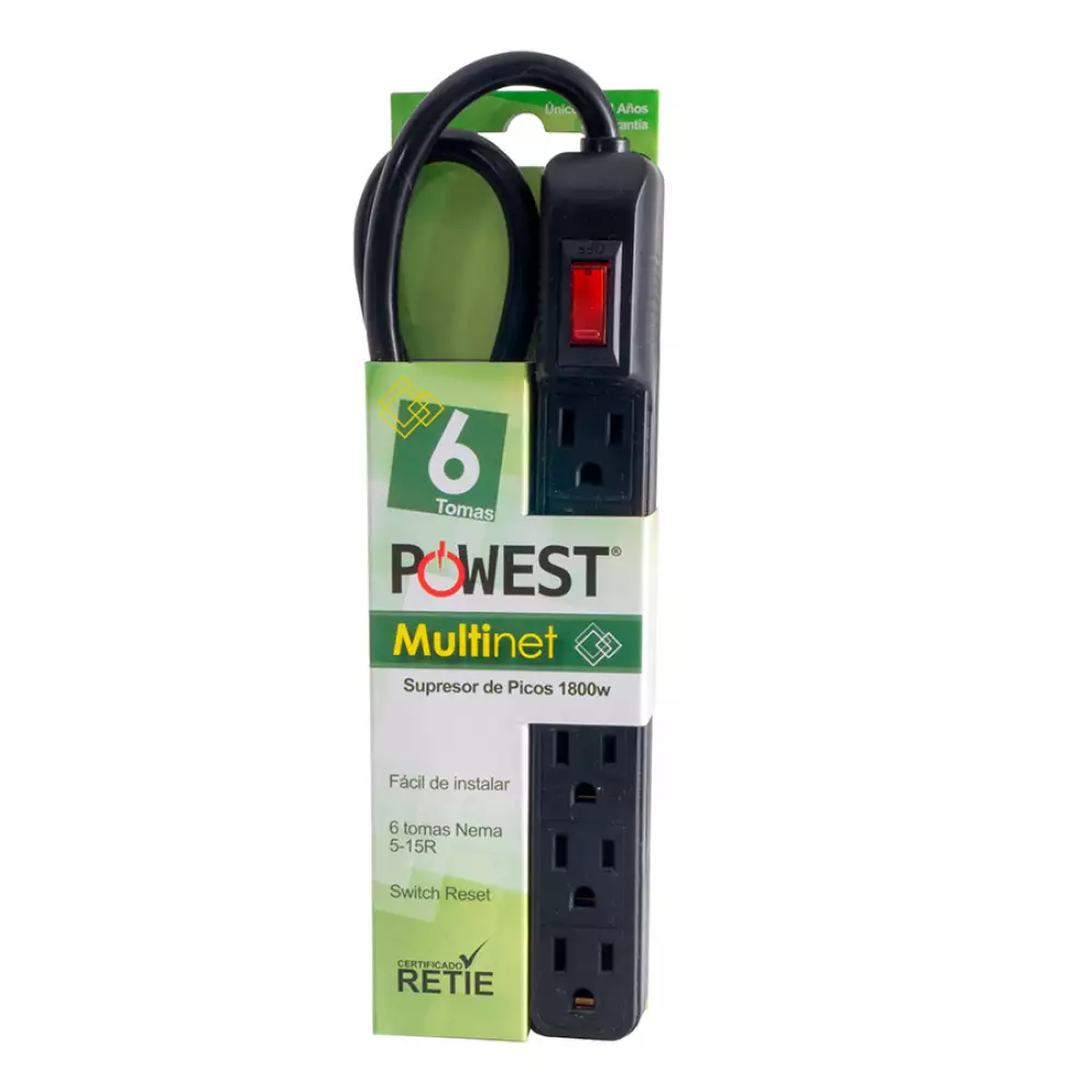 [NMNET-7550] Multitoma Supresor De Picos 6 Salidas 120V/15A Multinet Negro Powest Nmnet-7550