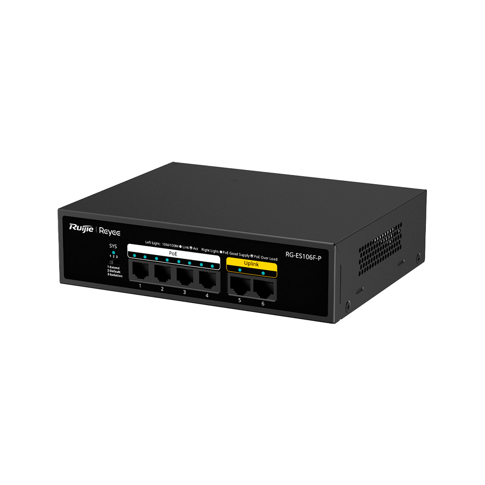 [RG-ES106F-P] Switch 6 Puertos Rj45 Poe+ 54W 10/100Mbps Tasa 0.89Mpps No Administrable Ruijie