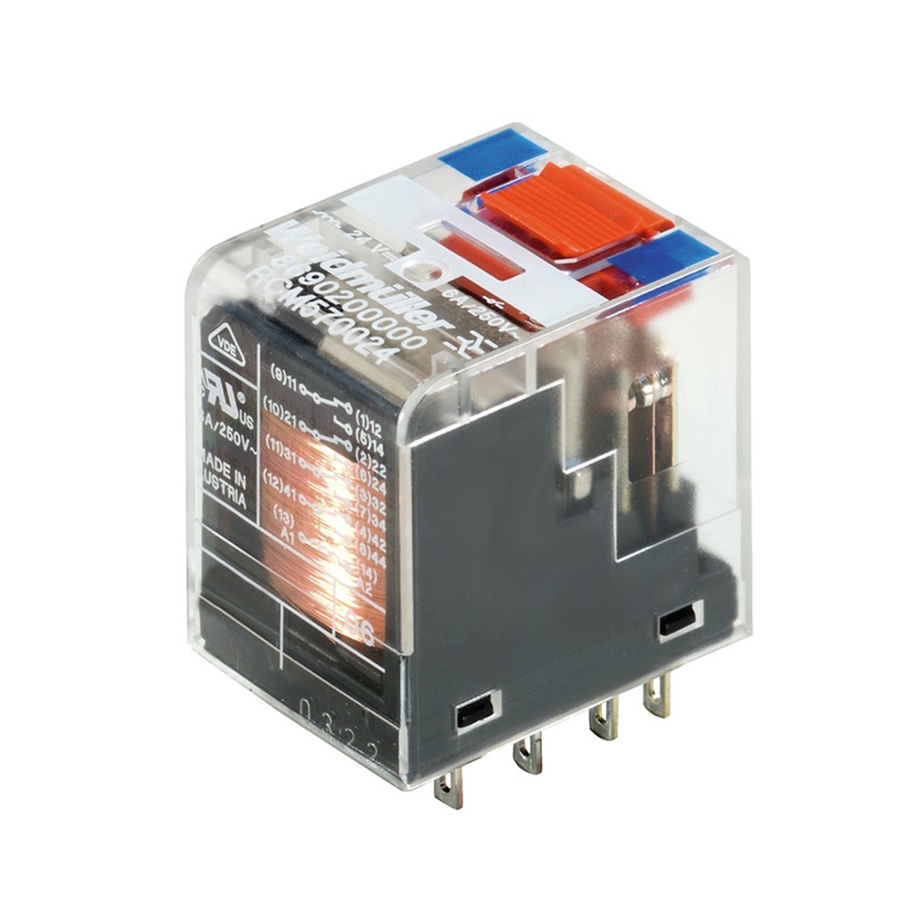 Rele 14 Pines 4 Contactos 240Vac 6A Bobina 24Vdc Pulsador Prueba Weidmuller _8690200000