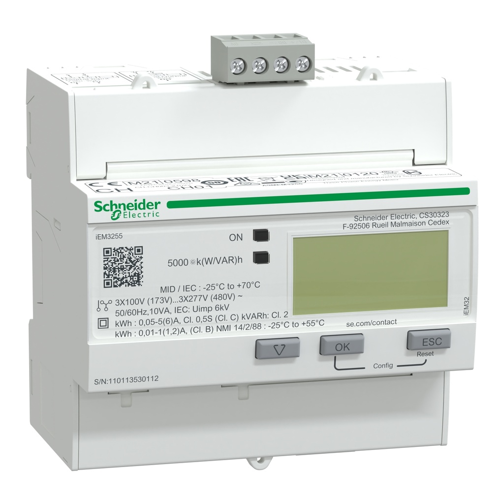 [A9MEM3255] Medidor De Energia 3P+N 5A 100-480V Pantalla Lcd Modbus Rtu Rs485 Riel Din Ip40 Blanco 90X95X69Mm Schneider