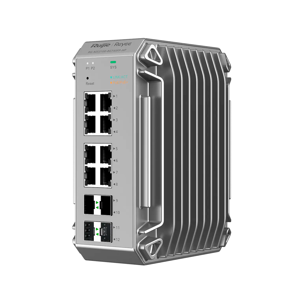 [RG-NIS3100-8GT4SFP-HP] Switch 8 Puertos Poe+ 1Gbps + 4 Puertos Sfp 1Gpbs Capa 2 Tasa 17.86Mpps Industrial -40 A 80C Grad Ip40 Administrable Nube Ruijie