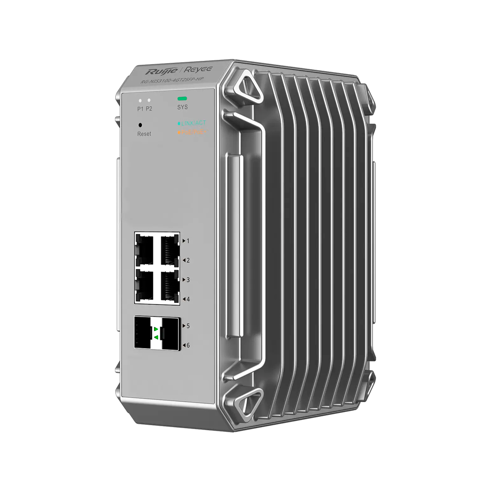 [RG-NIS3100-4GT2SFP-HP] Switch 4 Puertos Poe+ 1Gbps + 2 Puertos Sfp 1Gpbs Capa 2 Tasa 8.93Mpps Industrial -40 A 80C Grad Ip40 Administrable Nube Ruijie